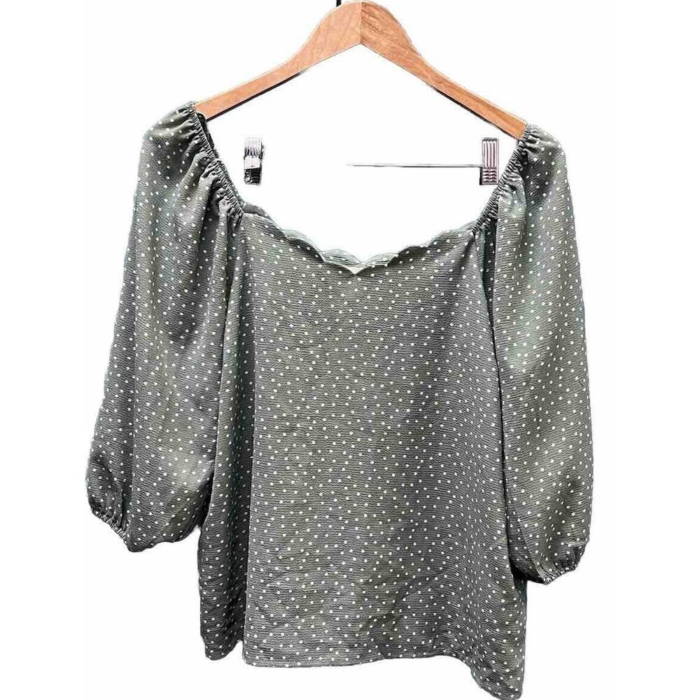 NWT Monteau Womens Light Green Sage Polka Dot Scalloped Neck Off Shoulder Large